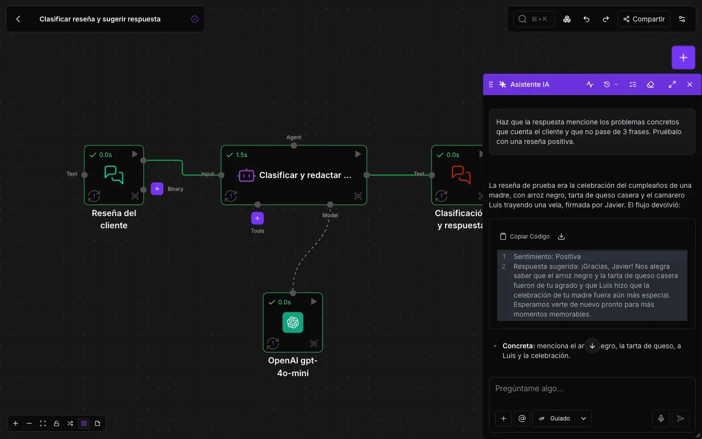 NappAI AI Assistant editing a flow on the canvas and showing the test result